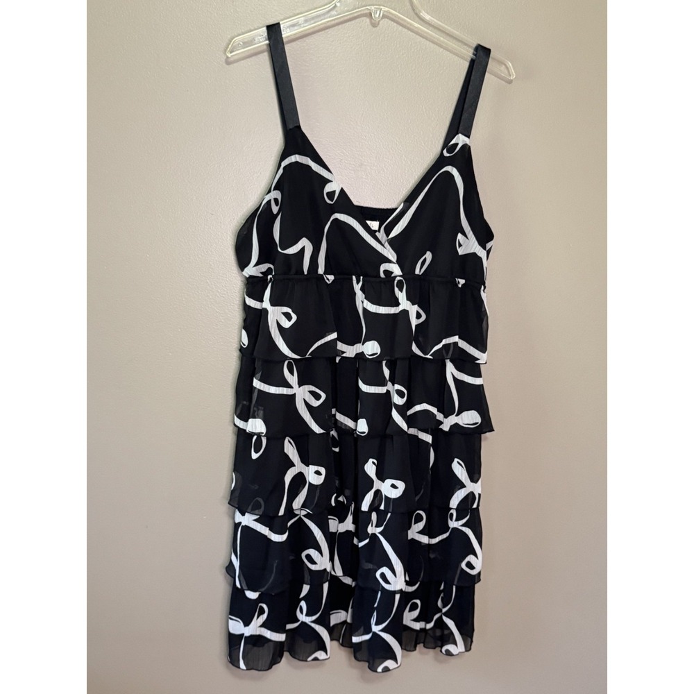 Old Navy Women Tiered Chiffon Babydoll Dress Black White Bow Print L S/809605-01